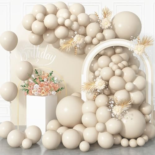White Sand Balloons, 113Pcs Different Sizes Cream Beige Balloon Garland Arch Kit 18/12/10/5 Inch, Matte Retro Sand White Neutral Latex Helium Balloons for Birthday Wedding Anniversary Party Decoration