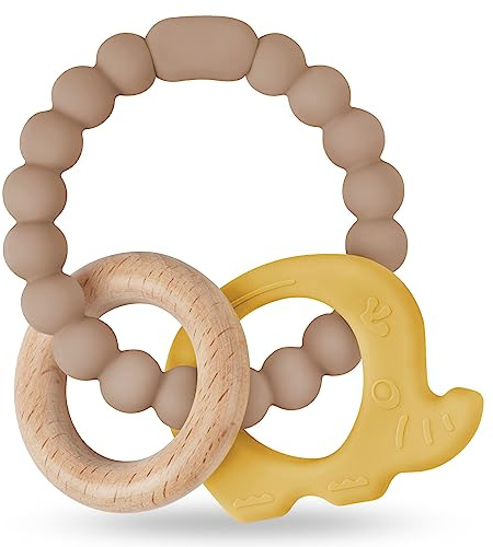 Vicloon Beißring für Babys, Elefant Beißring Spielzeug aus Silikon und Holzringe, Baby Zahnungshilfe BPA-frei, Schmerzlindernde Zahnen Nursing Zubehör für ab 3 Monaten Babys (Gelb)
