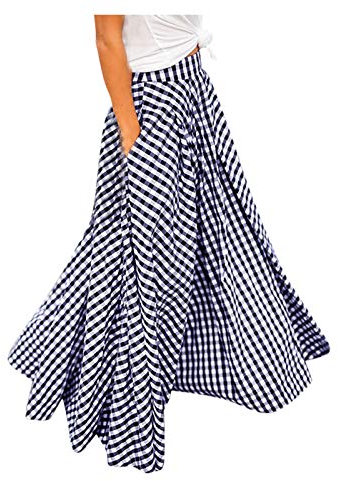 Maxirock Damen Lang,Karierter Rock Damen,Faltenrock Damen Große Größen Lange Röcke Swing Maxi Rock A Linie Freizeitrock Hohe Taille Plisseerock Bodenlänge Damenrock mit Taschen Herbst Sommer