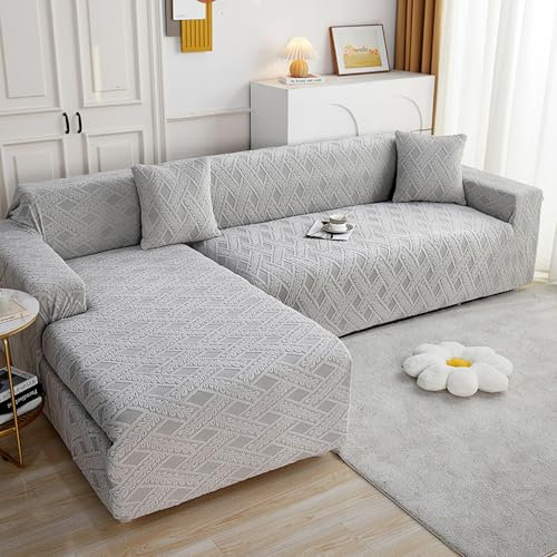 OKJK Jacquard sofabezug l Form, Stretch sofaschoner rutschfest für Wohnzimmer für Ledersofa, Weicher und bequemer aus Stoff, geeignet für die meisten Sofas (Light Grey,2 Seater 140-185cm)
