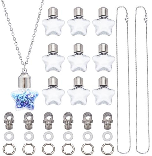 SUNNYCLUE 1 Box 30Pcs DIY 10 Sets Vial Necklace Hourglass Vial Pendant with Screw Cap Bottle Empty Star Shaped Hourglass Clear Glass Wish Bottle Charms Stainless Steel Chain for jewellery Making Kits