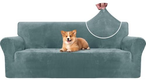 CYCMACO Samt Sofa Überzug 3 Sitzer, Sofabezug Elastische, Couch Überzug Haustier Katze Hunde, Universal Sofa Cover Moderne, Sofahusse Mit Armlehnen, Sofaschoner rutschfest, Grau Blau