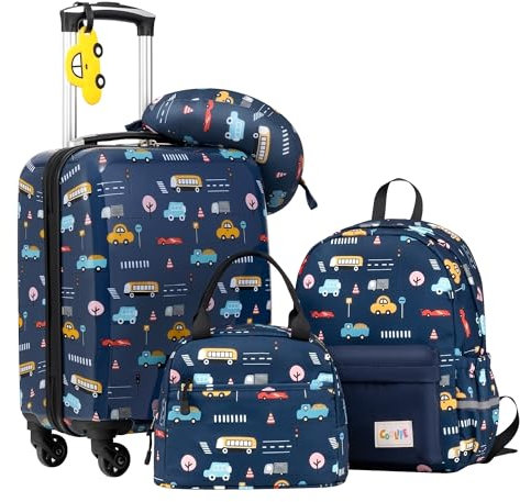 COOLIFE 5tlg Kinderkoffer mit Rucksack, Kindertrolley aus Kunststoff, Kindergepäck, Kinder Kofferset Handgepäck Reisegepäck Hartschalenkoffer für Jungen und Mädchen(Auto, Koffer-Set 5-TLG)