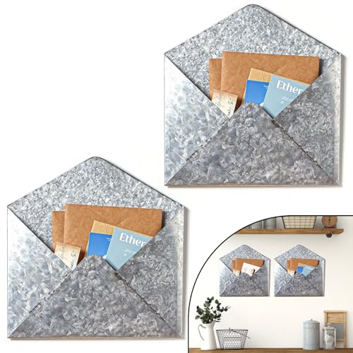 Yaocom 2 x verzinkte Metall-Umschläge, Wandbrief-Organizer, rustikale Wandhalterung, Bauernhaus-Tasche für die Aufbewahrung von Post, Postkarten, Briefen, Rechnungen, Heim- und Bürodekoration