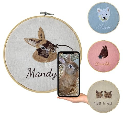 Stickrahmen personalisiert mit Ihrem Haustier bestickt - Einzigartiges Tierportrait als Geschenk für Tierliebhaber (Weiß)