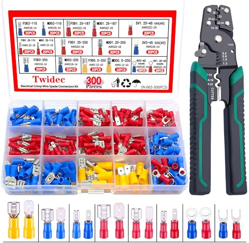 Twidec/300PCS 16Types Spade Crimp Connectors 2.8mm/4.8mm/6.3mm Male and Female Connector kit Includes Spade Fork Ring Insulated Wire Crimp Connectors and Wire Crimper Tool with Stripper Cutter