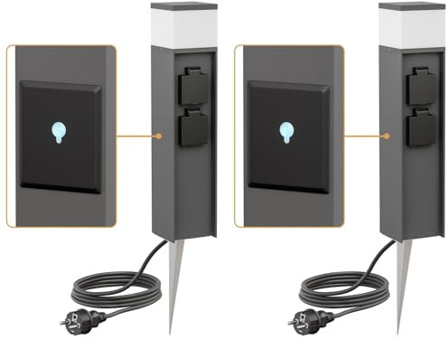 ledscom.de 2 Stück Pollerleuchte PODEL mit Erdspieß und 2m Kabel für außen, Smart Home, 39cm, anthrazit, G9 Fassung, 2 Steckdosen