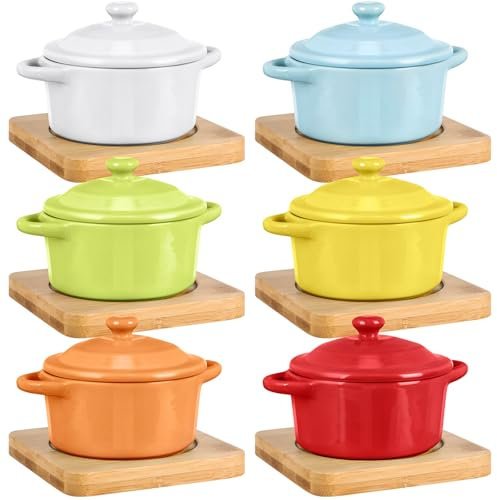 Mimorou 6 Set 7 oz Ceramic Mini Cocotte Set with Lid and Wooden Base Pumpkin Bowl Set with Handle Ceramic Soup Bowls Baking Ramekins Round Casserole for Home Thanksgiving Pumpkin Dish (Colorful)
