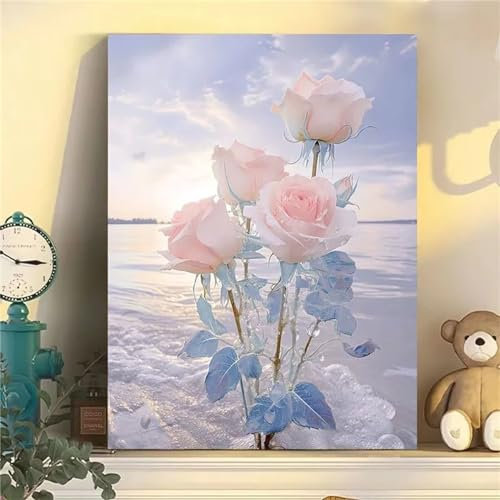 Aimaor Malen Nach Zahlen Erwachsene,Pinke Rose Paint by Numbers Adult Bastelset Malen-Nach-Zahlen Kinder Anfänger Leinwand Kreativ Set DIY Set Malen nach Zahlen（DIY Frame） 50x65cm