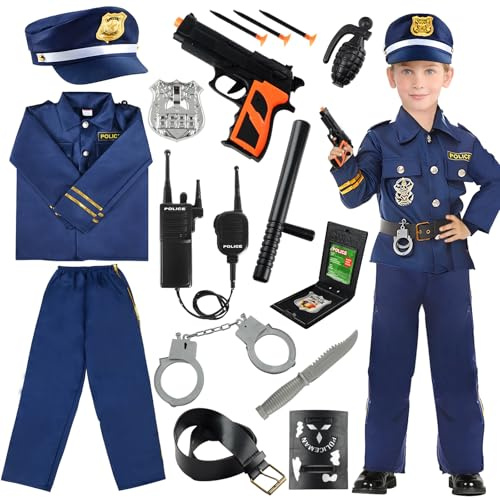 NEUFOOD Polisdräkt för barn, polisdräkt barn polis kit med polis kostym walkie talkie handbojor märke polishatt leksak för halloween karneval barn