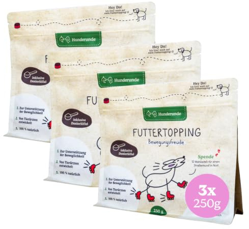 Hunderunde – Futtertopping Knochen & Gelenke 3x250g – Beweglichkeit & Starke Knochen I Bierhefe MSM Hagebutte Omega-3 Alge Curcuma Rote Beete Algenkalk Hyaluronsäure