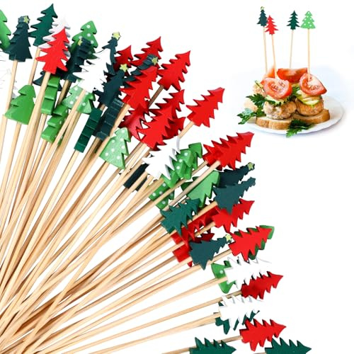 OOTSR 100 Palillos de Cóctel para Navideño, 13cm Pinchos Decorativos Cócteles de Árbol de Navidad, Brochetas de Bambú Picks para Fruta Aperitivos Fiestas Bebidas Decoración