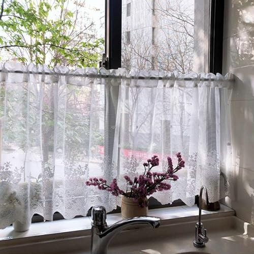 Mesnt Küchenvorhänge Fenster, Weiß Landhaus Stickerei Blumenmuster Modern Dekoschals Scheibengardinen Bistrogardine für Schlafzimmer, Polyester Baumwolle, B100 x H45 cm