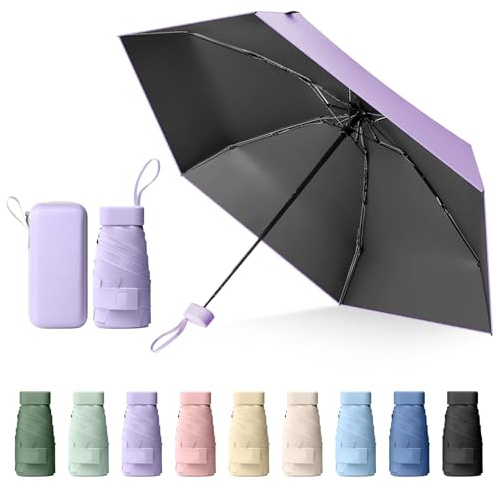 Sykrawki Mini Paraguas Plegable Portátil, Protección UV y Antiviento con Cubierta de Cápsula, Paraguas de Viaje Compacto para Hombres y Mujeres (Púrpura)