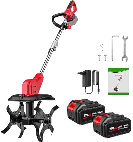 Motozappa a Batteria, 21V Motozappa Elettrica con 2 x 4.0Ah Batteria, Larghezza 30 cm Profondità 22 cm, Doppio Rullo 4 Lame, Display LED, Velocità 300 RPM, Maniglia Ergonomica, Motozappa per Orto