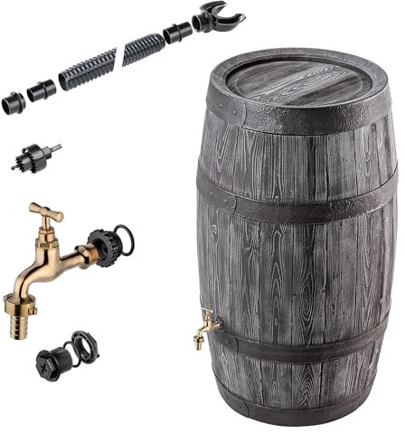 KADAX Regentonne 250 Liter, Regenfass aus Kunststoff, Regenwassertonne mit Holzoptik, Regenwassertank mit Deckel und Wasserhahn, Regenwasserbehälter
