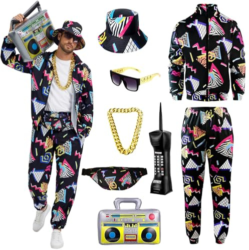 OPAEHJF Costume da uomo in stile anni 80/90, tuta da ginnastica, giacca antivento hip hop, abbigliamento sportivo da discoteca anni 90 per feste, costume da mascherata anni 80 per adulti, 8 pezzi