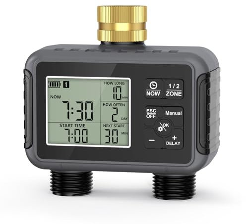 RIOGOO Timer per rubinetto da giardino esterno, timer per irrigatore programmabile con ritardo pioggia, irrigazione a goccia automatica e sistema di irrigazione del prato per cortile (2 Outlet)