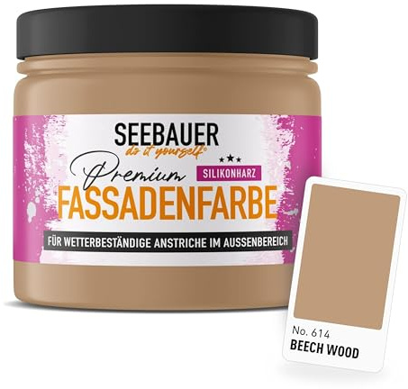 SEEBAUER diy Silikonharz-Fassadenfarbe Braun 300ML für Außen (No. 614 Beech Wood) Selbstreinigende Fassadenfarbe mit Lotuseffekt - Geeignet für Putz, Mauerwerk und Beton
