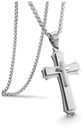 PiercingJak Collier Pendentif Croix en Acier Inoxydable pour Hommes Femmes Collier Croix Chrétien Design à Trois Niveaux Colliers Gourmette Chaîne Rolo Unisexe Bijoux Cadeau Anniversaire (Argent)
