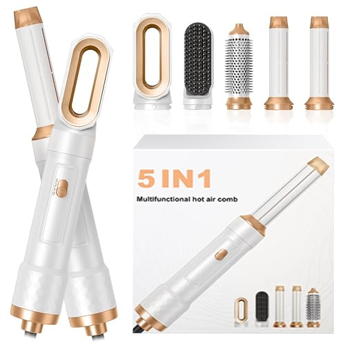Brosse Soufflante Airbrush 5 en 1 Air Styler Seche Cheveux Mulit Air Brush Set, Blanc Hair Boucleur à Cheveux Automatique 3 Vent-Température (Sécher, Boucler, Lissante)