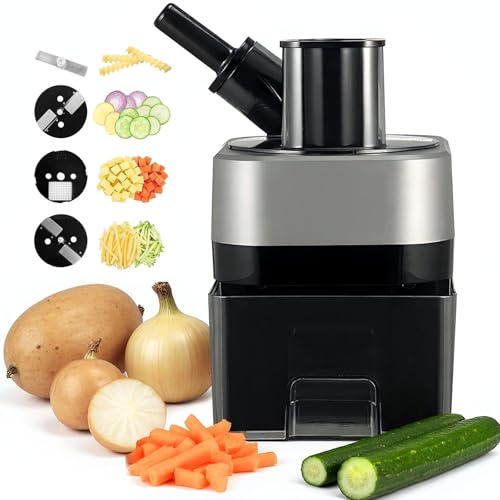 AUTUMFLATGAO Cortador De Verduras Electrico 4 En 1, Cortadora De Verduras Y Frutas Comercial, Puerto De Alimentación Doble, Rallador De Verduras, Rallador Automática para Cebollas Y Patatas