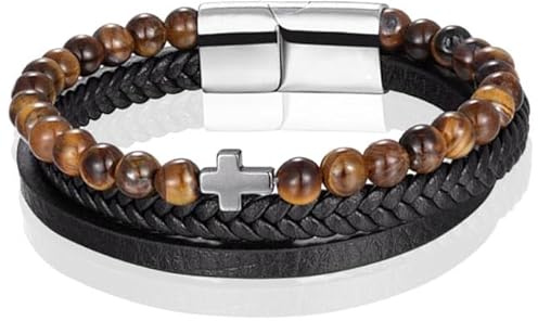 Herrarmband Memphis tigeröga pärla flätat läder kors silver brun svart - 20 cm