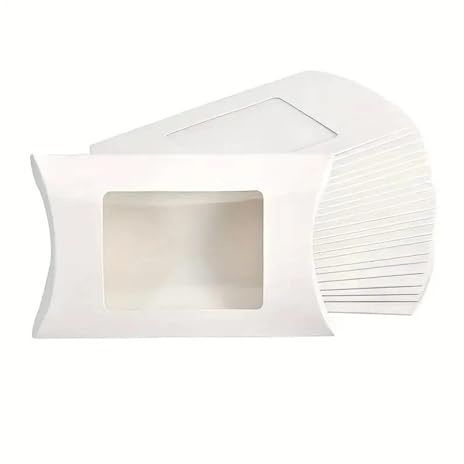 50 STÜCKE Papier Kissenbox Transparente Fensterbox Verwendet for Geburtstagsfeiern Weihnachten Hochzeit Verpackung Schmuck Süßigkeiten(White)