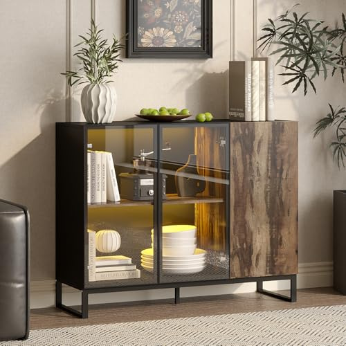 Caldion Vitrinenschrank mit 8-Farbiger LED-Beleuchtung Glasvitrine mit 3 Glastüren für Sammlungen Glasschrank mit Regalen, Pop-up-Design Glasschrank Vitrinenschrank 120 x 41 x 95cm Schwarz & Holz