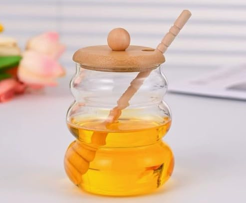 Zirax Premium Crystal Glass Honey Jar with Wooden Dipper, 17oz No-Drip Honey Pot Container for Breakfast Table, Tea & Coffee - Elegant Beehive Design Syrup Dispenser