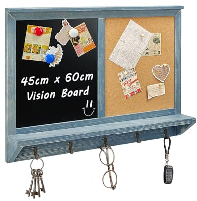 Umtiti Wandmontiertes Kreidetafel und Korktafel mit Haken, Kreidetafel und Pinnwand-Kombination, massives Kiefernholz, Vintage-Rahmen, 45 x 60 cm (ZSHB-4560GY)