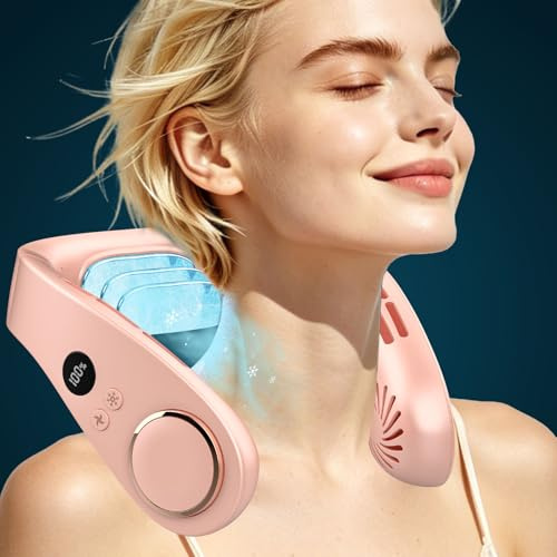 Kouric Ventilador de Cuello con Aire acondicionado Silencioso,5 Velocidades,5500mAh,Pantalla LED para Batería y Velocidad,Hasta 24 Horas,Portatil para Viajes, Oficina, Deportes y Exteriores-Rosa
