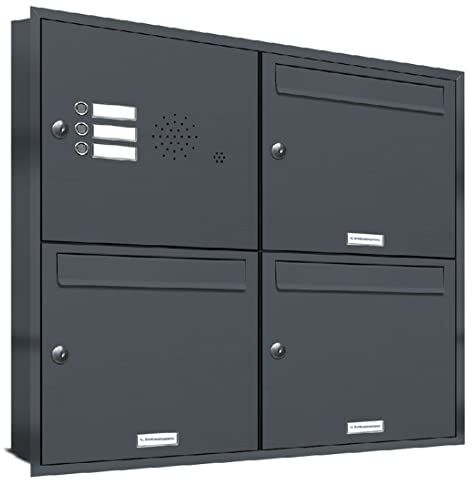 AL Briefkastensysteme, 3er Unterputzbriefkasten mit Klingel in Anthrazit Grau RAL 7016, 3 Fach wetterfeste Briefkastenanlage Design modern