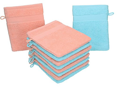 Betz Waschhandschuhe Palermo 10 Stück 16x21 cm – 100% Baumwolle 360g/m² – Weiche Frottee Waschlappen – Pflegeleicht & saugstark – Farbe Türkis/Apricot