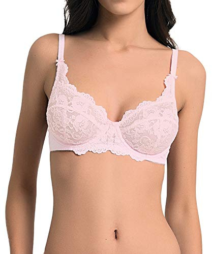 Vanever Reggiseno da Donna con Ferretto Coppa Piena Pizzo Push Up Balconcino Coppa Morbido Smooth Microfibra, Rosa 34B