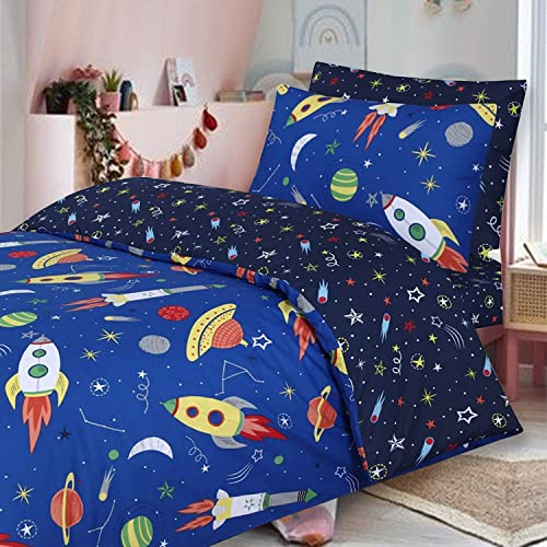 Indus Textiles Juego completo de funda de edredón para niños y niños, sábana bajera ajustable y fundas de almohada a juego, 100% algodón suave, reversible, azul espacial, juego completo individual
