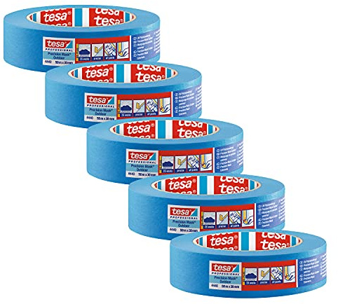 tesa Präzisionskrepp 4440 Außen UV-PLUS Malerband - 5er Pack - Witterungsbeständiger Malerkrepp für den Außenbereich - zum präzisen Abkleben und Abdecken - blau - je 50 m x 30 mm