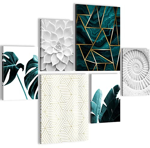 Novart- Tableau Décoration Murale- Set Feuilles vertes- Decoration Chambre Salon- Prêt à être Accroché- 6 Cadres 30x40 & 20x30 cm- Vert- N023963a