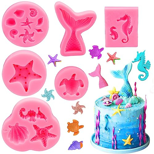 JINXIAN Silikonformen-Set mit Meerjungfrauenschwanz-Motiv, zum Selbermachen, Backen, Tier-Silikonformen, wiederverwendbar, Ozean, Tier, 3D-Form, Kuchenformen für Kuchen, Süßigkeiten, Fondant, 6 Stück