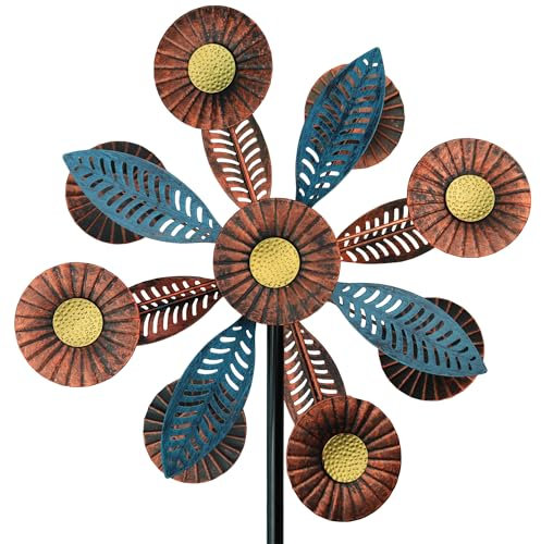 Girandola a vento a quattro colori, scultura cinetica a doppia elica, in metallo, con palo, per patio, prato e giardino, 165 cm