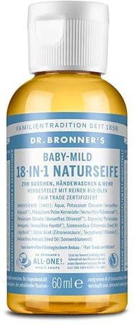 Dr. Bronner S Savon naturel 18 en 1 | Savon liquide organique | Baby Mild sans parfum | Gel douche, savon pour les mains, shampooing et bien plus encore | Avec huiles bio | Commerce équitable | 60 ml