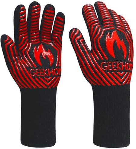 GEEKHOM BBQ Gloves,1472℉ Heat Resistant Grill Gloves, Non Slip Oven Mitts for Smoker, Cooking & Fire Pit (Red)