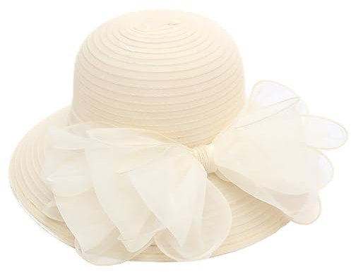 Kentucky Organza-Derby-Hüte für Damen, Kirchentee, Fascinator, breite Krempe, Sonnenhut für Damen, Beige-Schleife, Medium