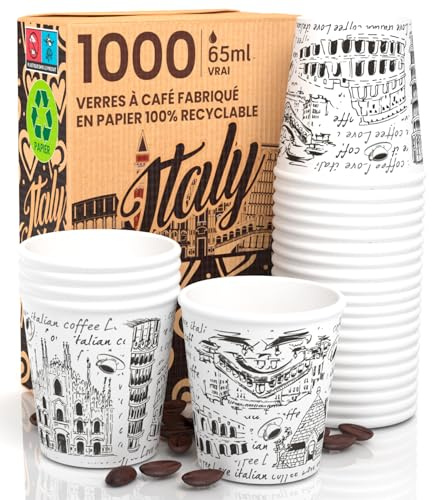 Eurocali Lot de 1000 verres en papier pour café 65 ml Italie Blanc Verres écologiques biodégradables jetables petits emporte-pièces
