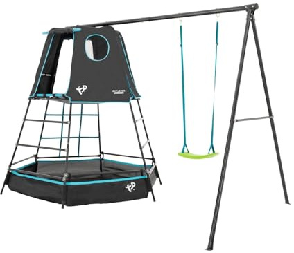 TP Toys Explorer Metal Climbing Frame Set & Swing Black Edition - Adventure Playmat, Climbing Ladder, Swing Set and Monkey Bridge. Roll Up Door. Round Viewing Window. Aged 3-12 Years