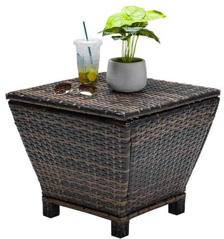 VINGLI Outdoor Side Table with Storage, 13-Gallon Patio Deck Box Outdoor Wicker Side Table for Poolside Balcony Storage Table (Brown, Trapezoid)
