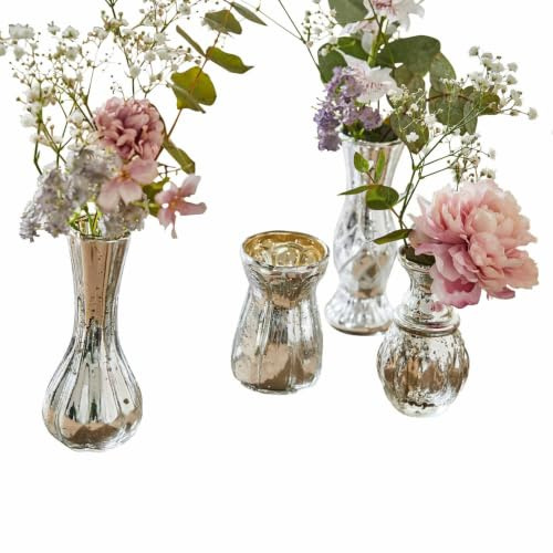 Loberon Deko-Vase 4er Set Maelie, antiksilber | mundgeblasen, Vier reizende Designs, nostalgischer Bauernsilber-Stil, Vintage-Flair, Dekoration, Wohn-Accessoires, Glas