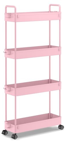 SOLEJAZZ Chariot de Rangement à 4 Niveaux Coulissant Fin à roulettes pour Cuisine, Salle de Bain, buanderie, Chambre à Coucher, endroits étroits, Plastique, Rose