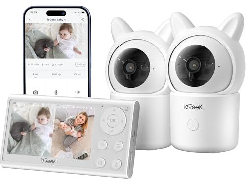 ieGeek Babyfon mit 2 Kameras und App, Intelligente Nachtsicht， WLAN Video Babyfon PTZ 360°, Automatische Verfolgung, Bewegungs/Geräuscherkennung, Temperaturanzeige, App Steuerung