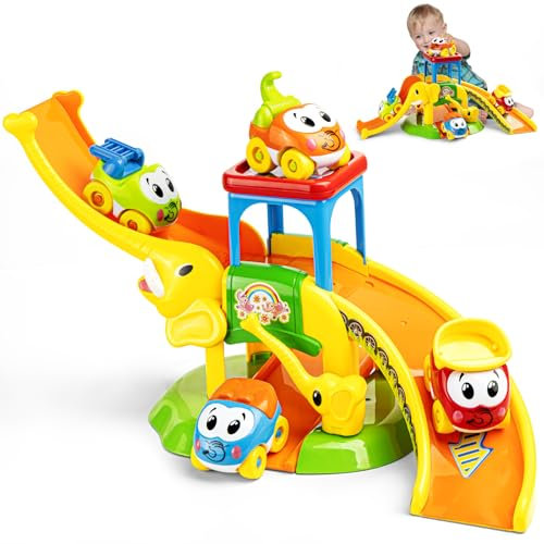 Wdebay Toboggan d’éléphant avec 4 Voitures d’Animaux, Jouets pour Tout-Petits pour garçon de 1 an, Cadeau d’Anniversaire d’Un an, Jouets pour bébés 12-18 Mois, 0-2 Ans 1-3 Jouets éducatifs